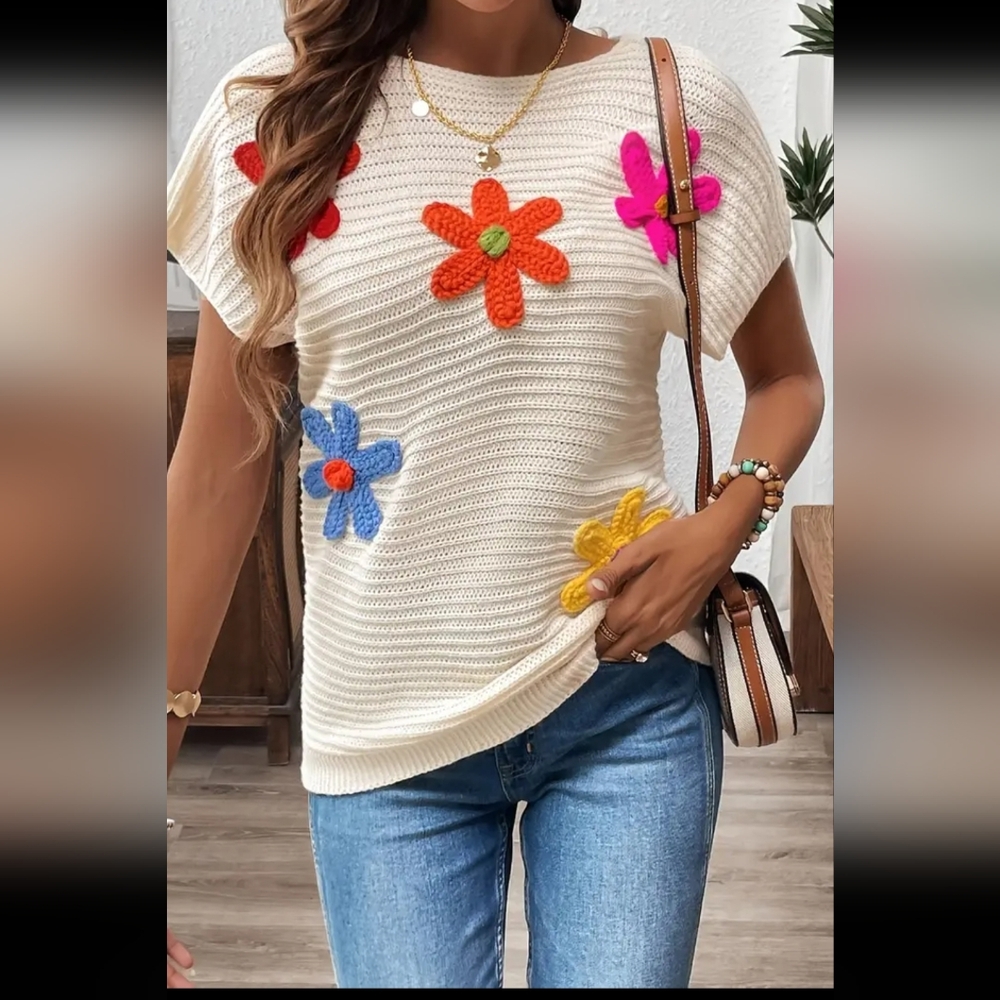 New Elegant Floral Knit Sweater Vest - Cream-Colored, Round Neck, Acrylic